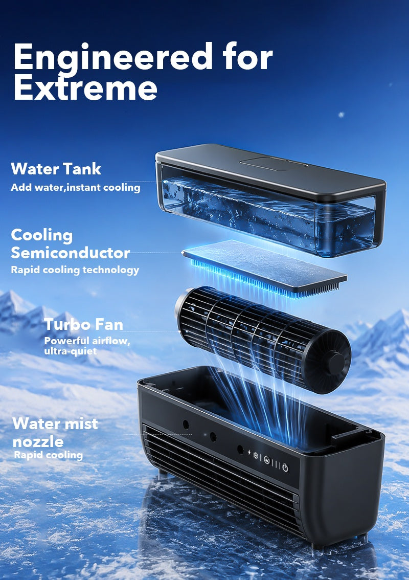 Exploded view of the CoolMist water tank, semiconductor cooling module, turbo fan and mist nozzles