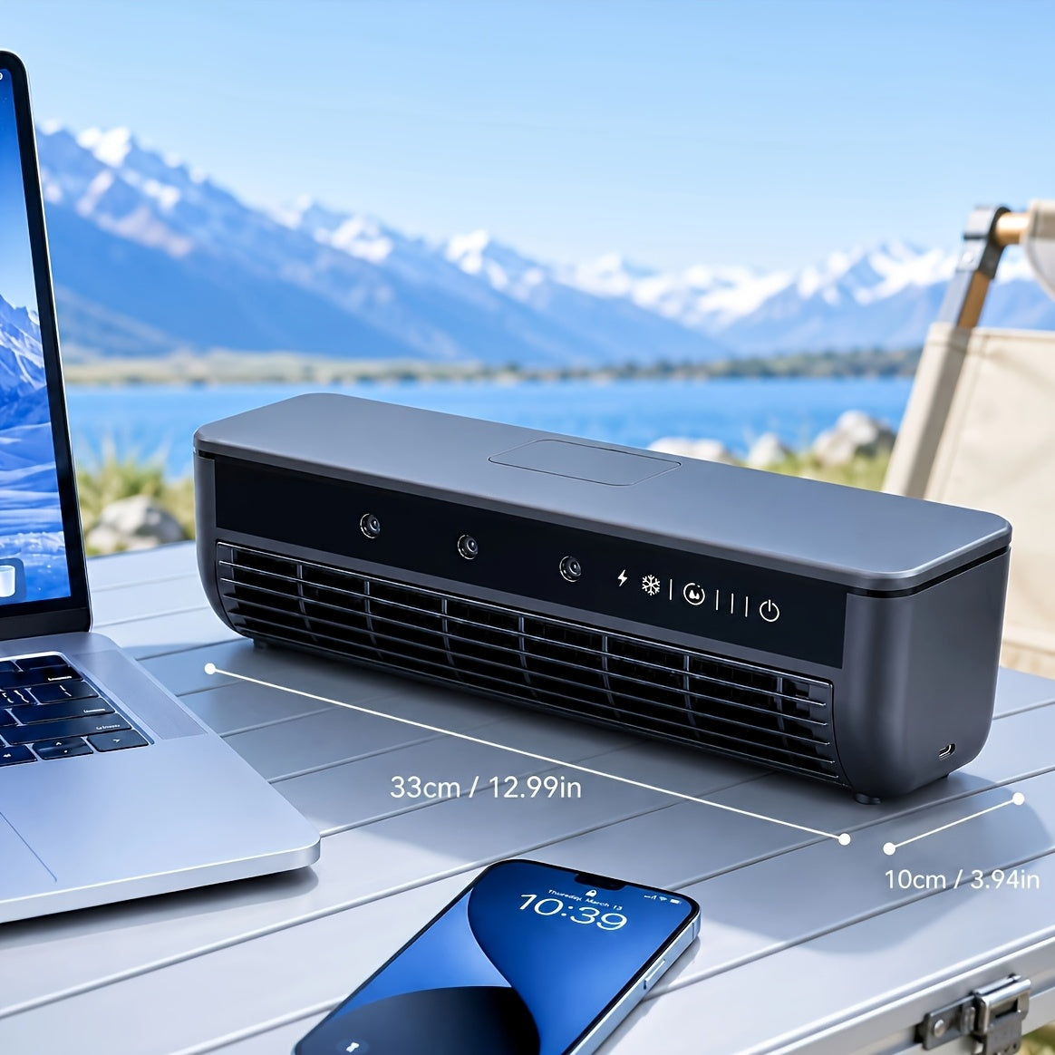 Black OLALALO CoolMist portable fan beside a laptop and phone, with dimensions shown